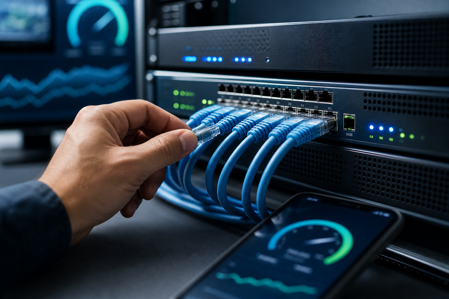 Mrežna oprema, ruter i uredno povezani ethernet kablovi